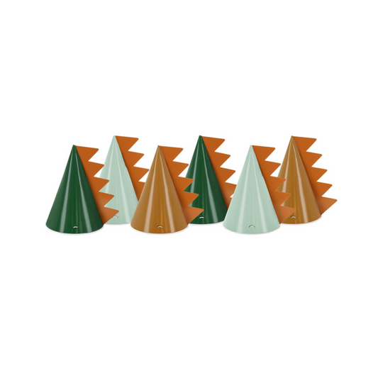 dinosaur party hats in all the different shades of green and brown