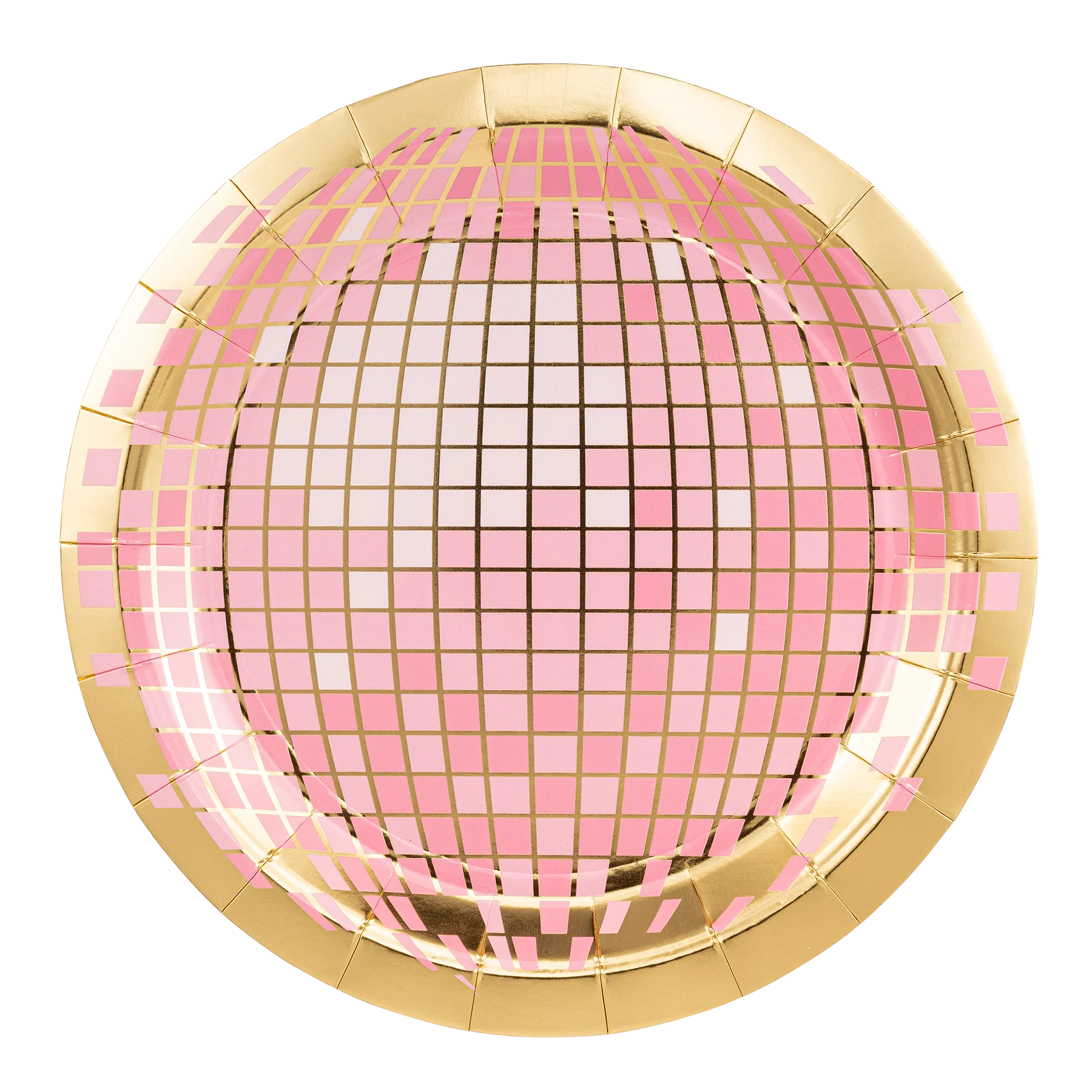 pink and gold shiny detailed disco plates