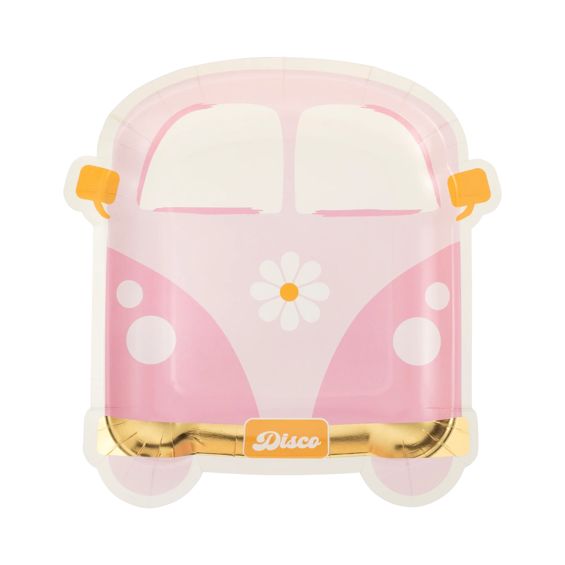 pink van shaped paper plate with 'disco' license plate and daisy design on front