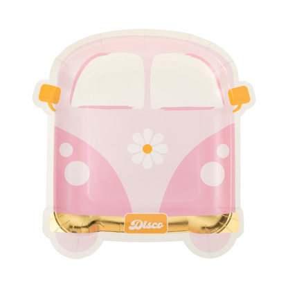 pink van shaped paper plate with 'disco' license plate and daisy design on front