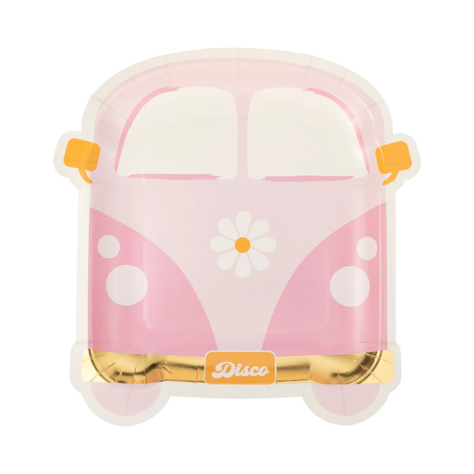 pink van shaped paper plate with 'disco' license plate and daisy design on front