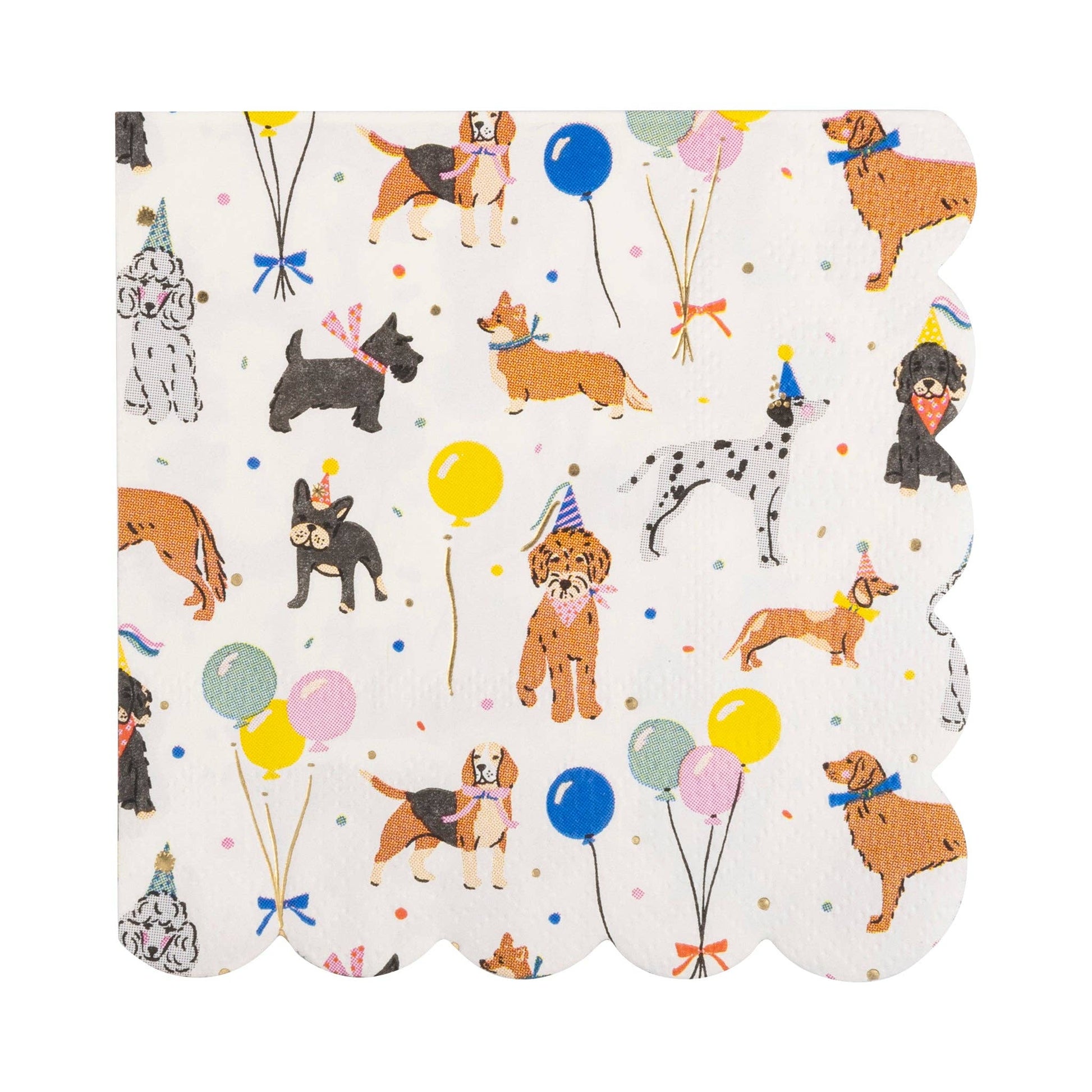 dog party cocktail napkins with a few different dog breeds and balloons 