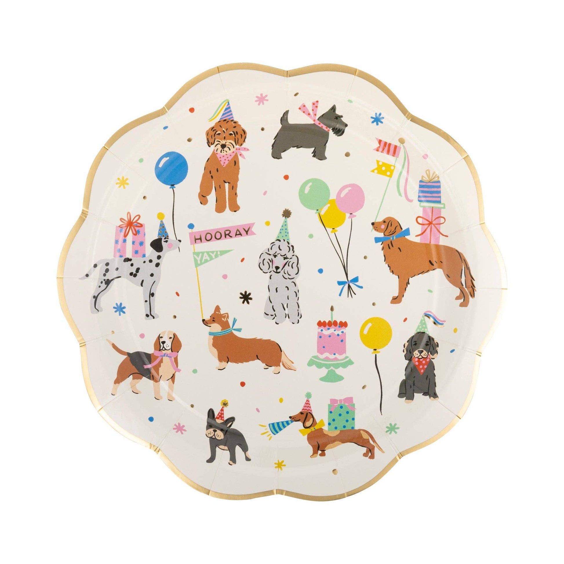 dog icon paper party plates - pack of 8 gold trim 