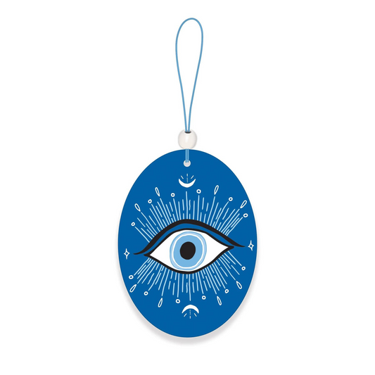 blue oval shaped air freshener with evil eye design