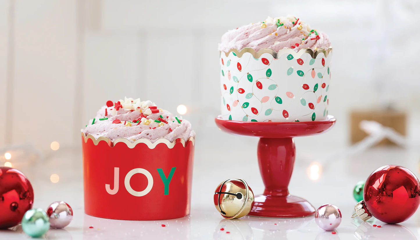 set of two christmas baking cups, one with JOY inscription and one with christmas lights design