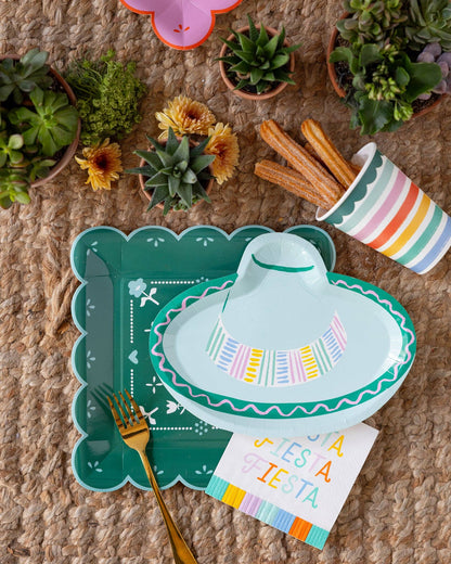 fiesta inspired dinner plate with matching sombrero plate, napkin and cup 