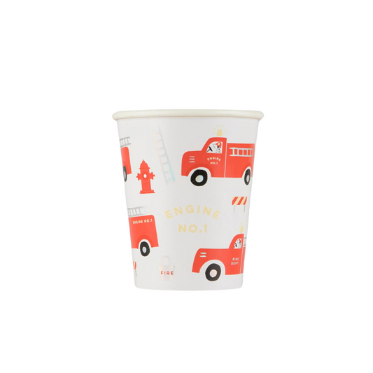 a paper cup with a firetruck design on it