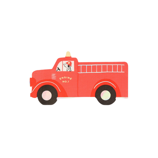 fire truck shaped paper napkin with fire truck design and a Dalmatian driving