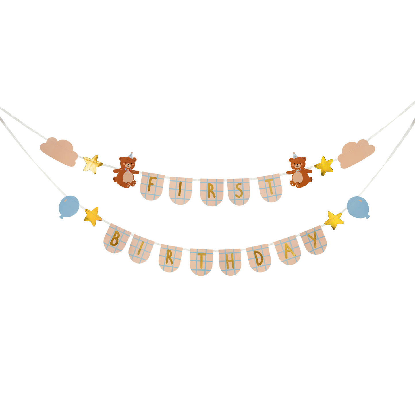 'first birthday' hanging banner with clouds, bears, stars and balloons