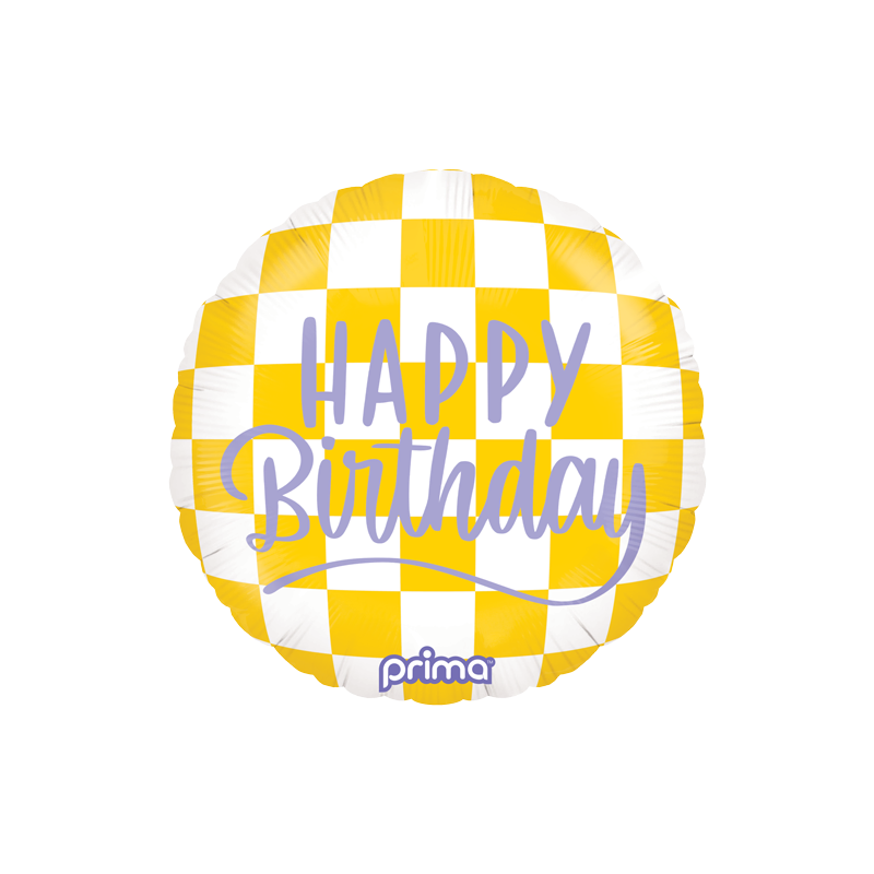 front side with happy birthday message in purple - yellow checkered