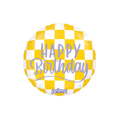 front side with happy birthday message in purple - yellow checkered