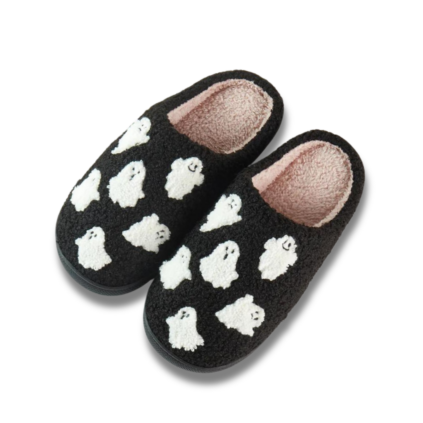 black and white fuzzy ghost slippers