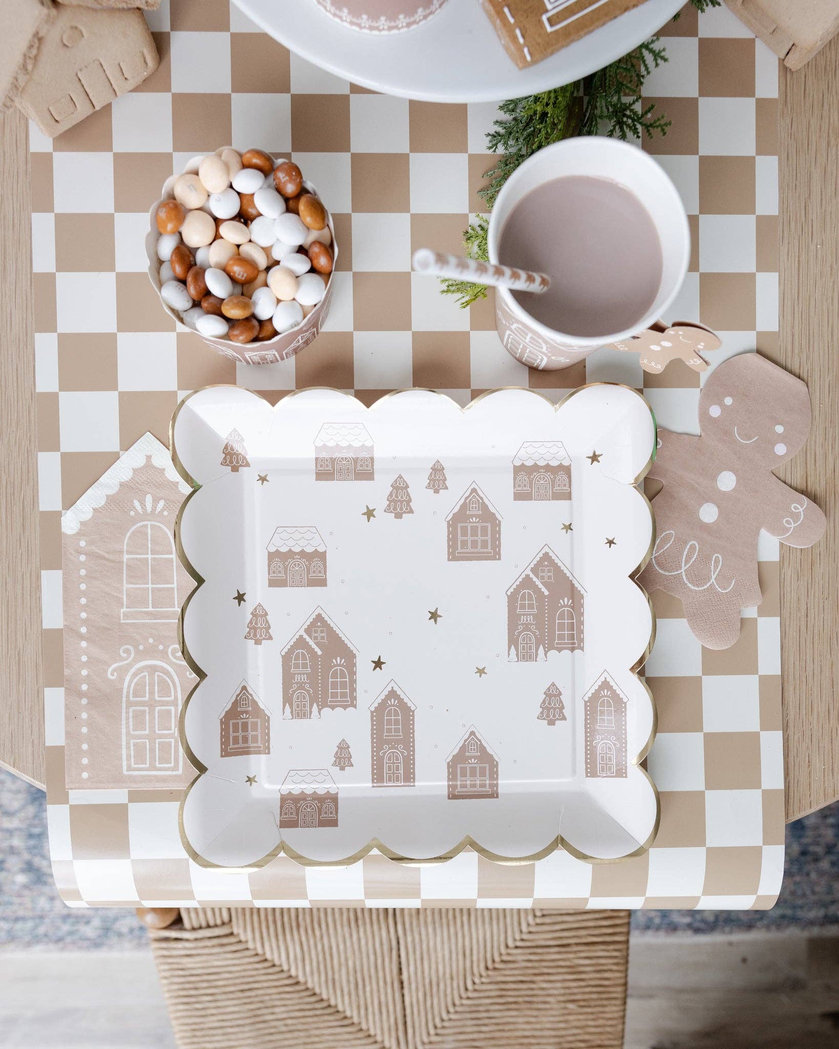 gingerbread checked table runner with matching paper plate, cup and napkins