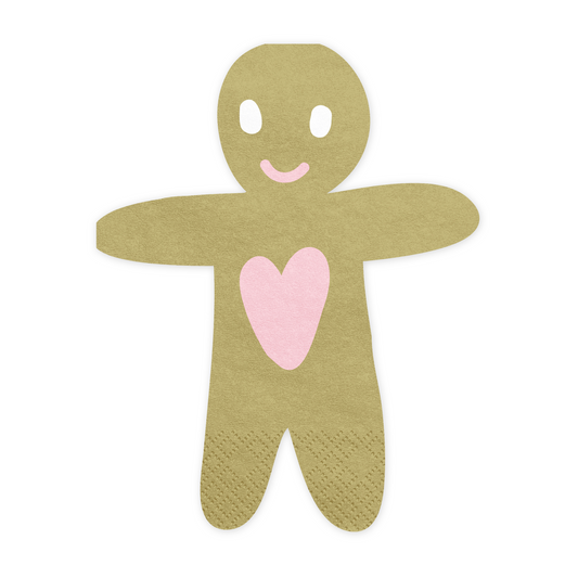 gold die-cut napkin in the shape of a gingerbread man with a pink heart on the belly