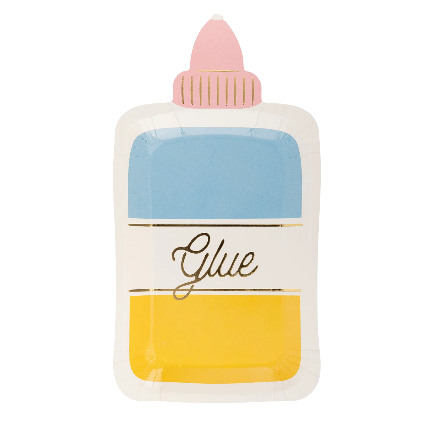 Colorful paper plate shaped like a glue bottle with pink cap, blue upper section, 'Glue' label, and yellow lower section.