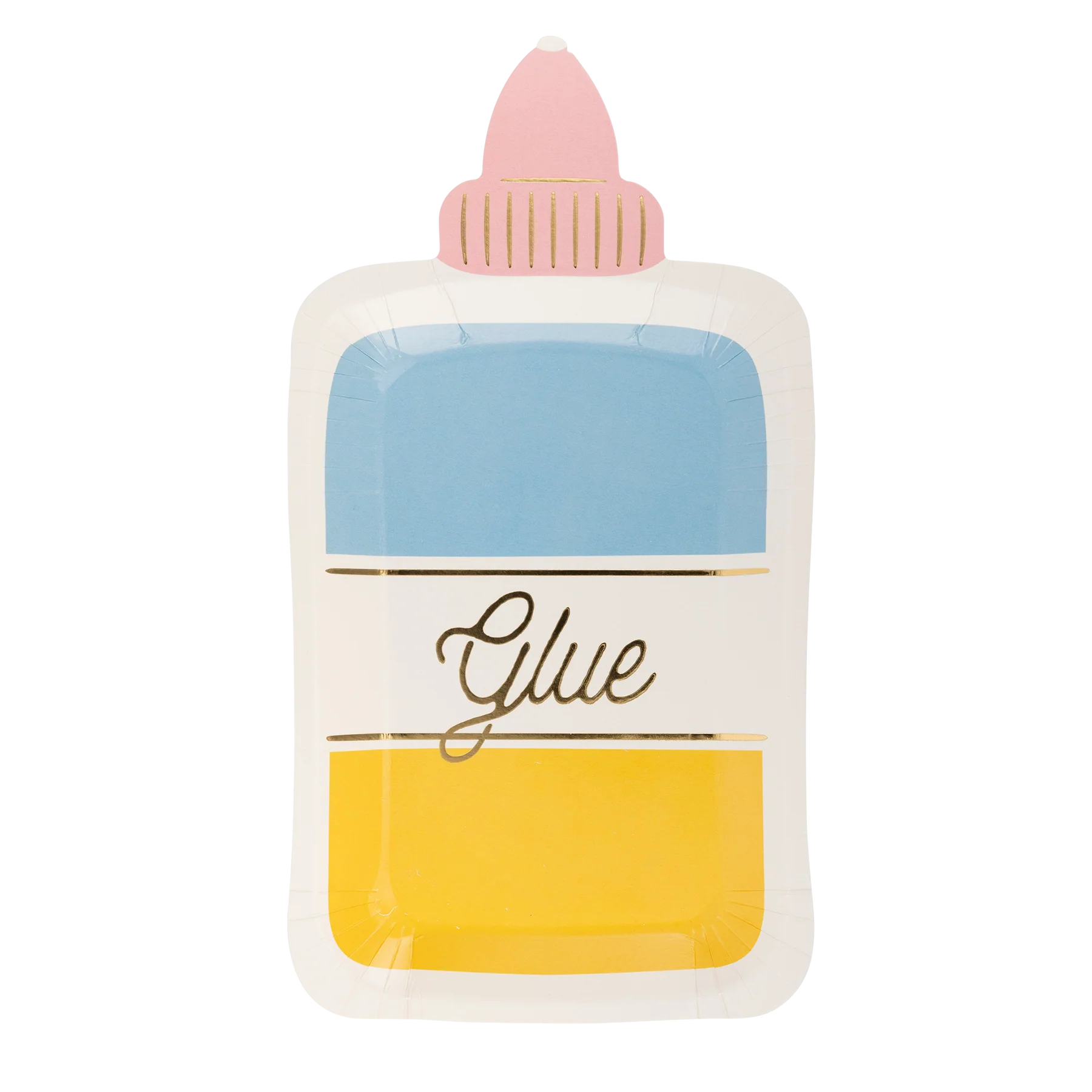 Colorful paper plate shaped like a glue bottle with pink cap, blue upper section, 'Glue' label, and yellow lower section.