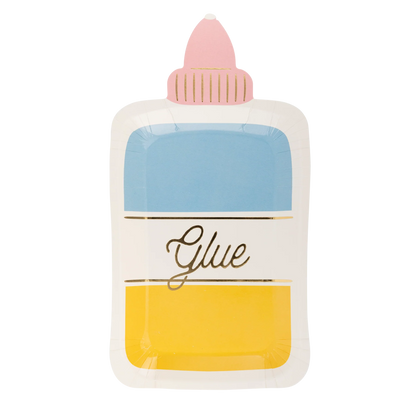 Colorful paper plate shaped like a glue bottle with pink cap, blue upper section, 'Glue' label, and yellow lower section.