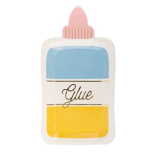 Colorful paper plate shaped like a glue bottle with pink cap, blue upper section, 'Glue' label, and yellow lower section.