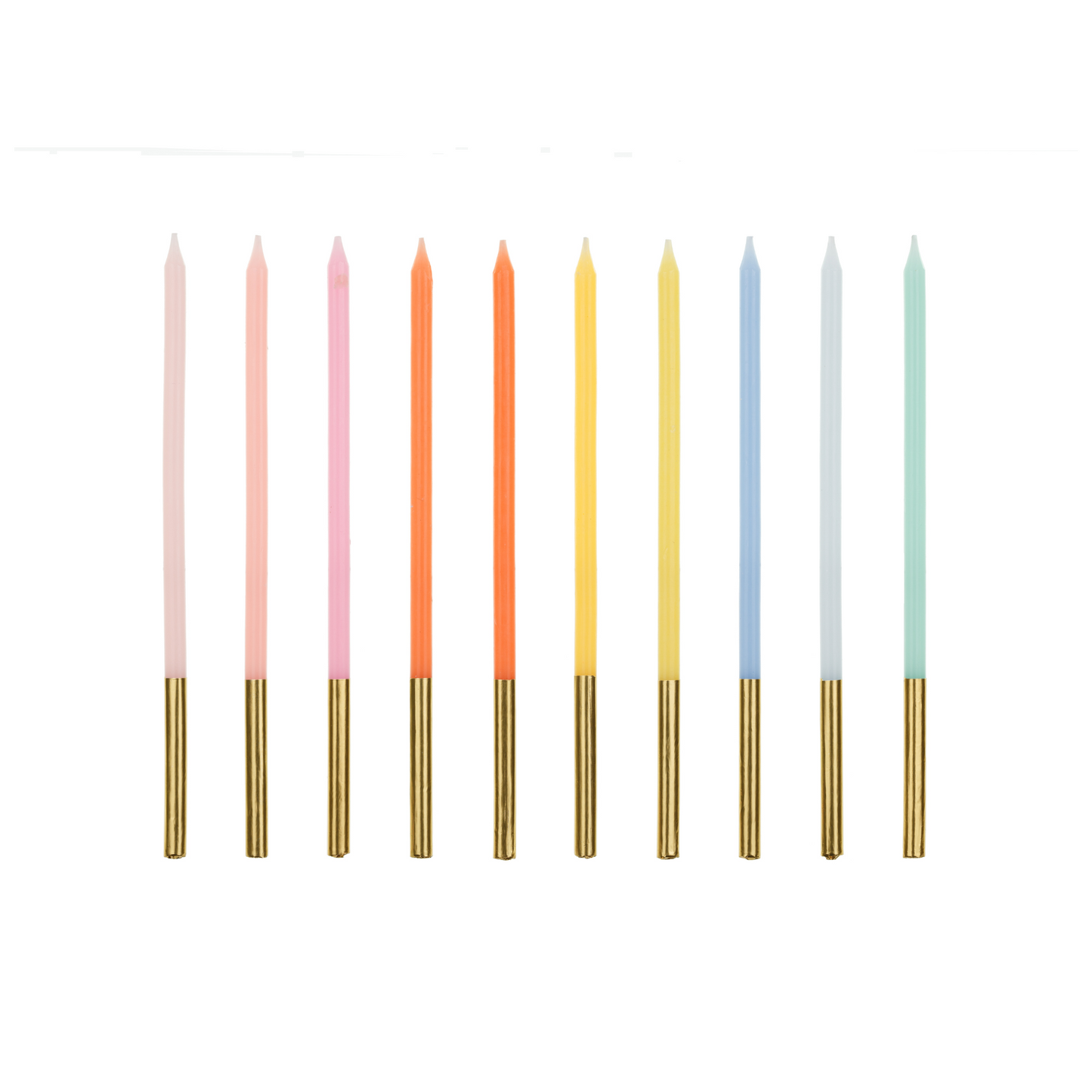 colourful narrow birthday candles dipped at the bottom in gold