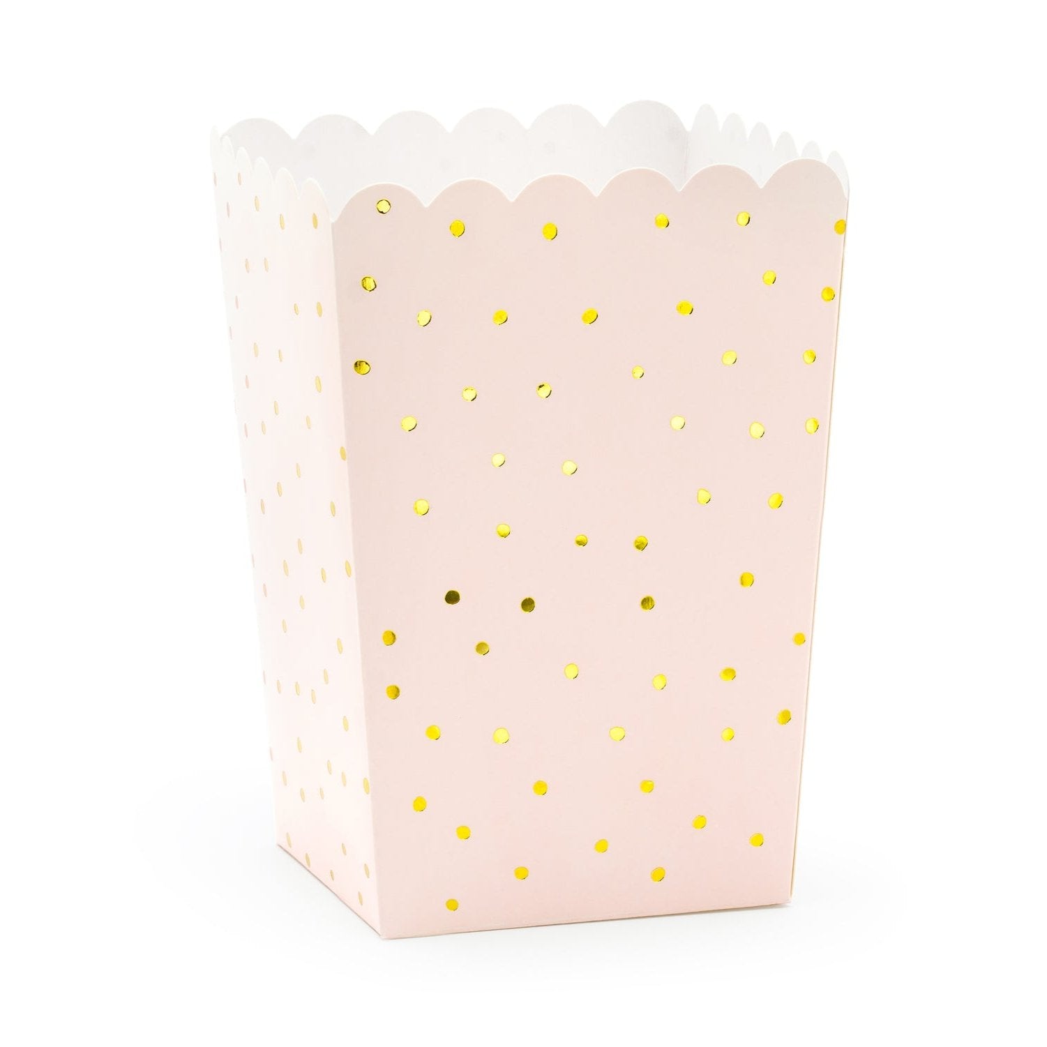 light pink popcorn box with gold polka dots