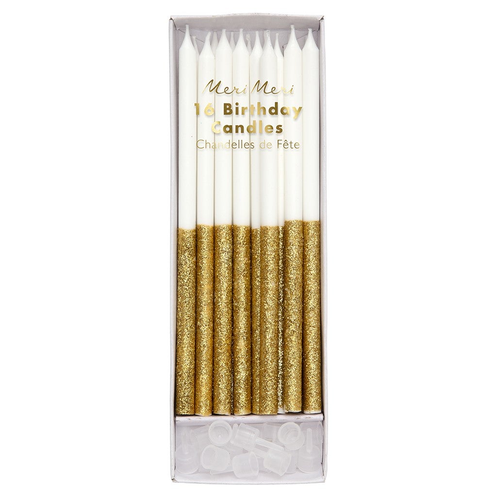 Gold glitter dipped candles by meri meri pack of 16 