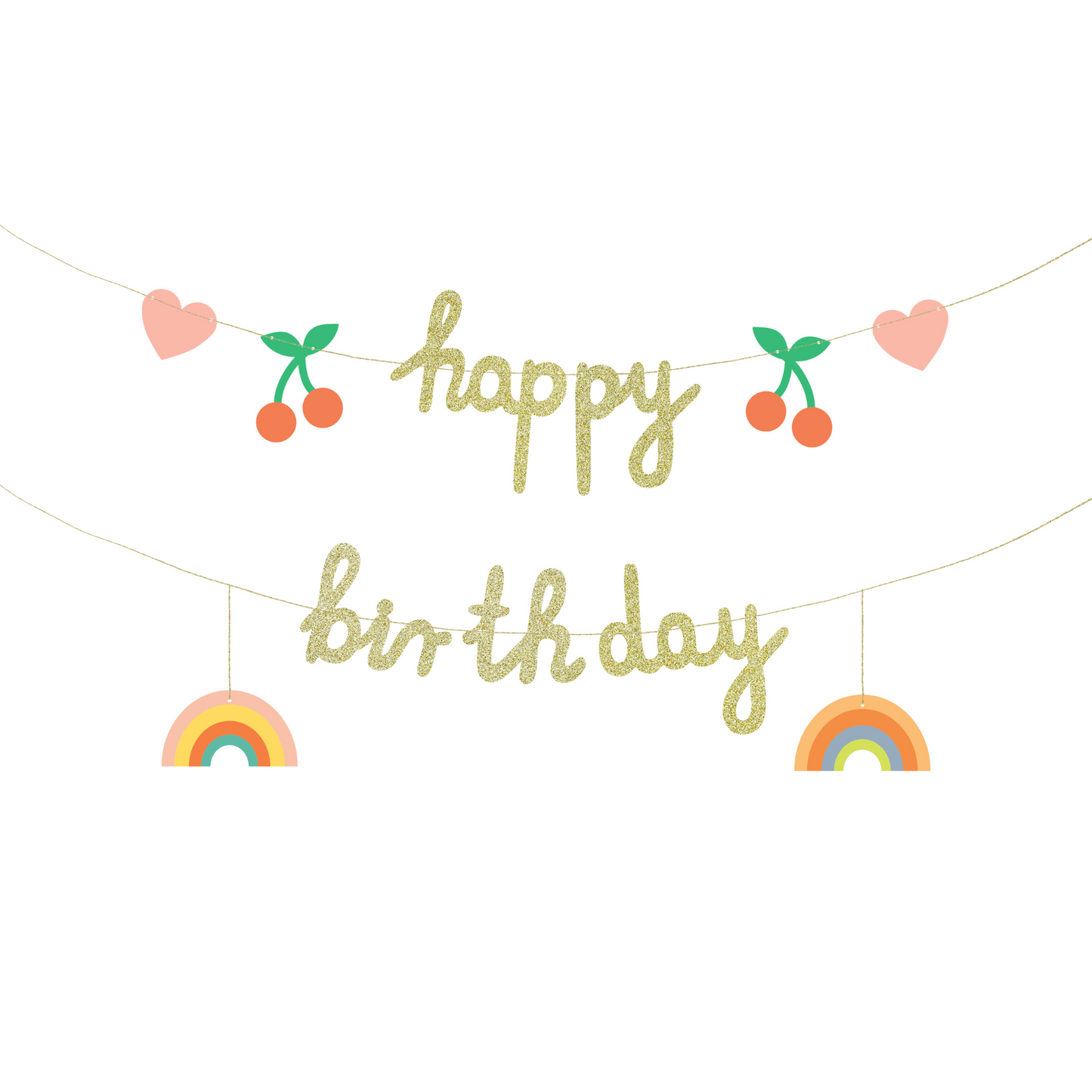 gold glitter happy birthday banner with heart, cherry and rainbow icons