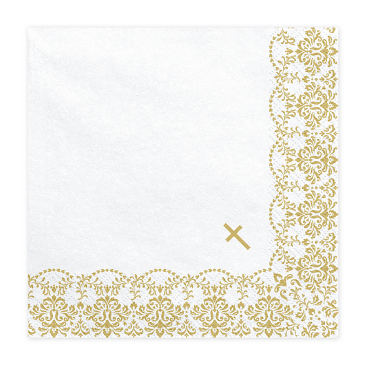 white square napkin with intricate gold design and small cross