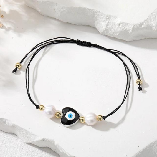 gold plated evil eye heart rope bracelet - black