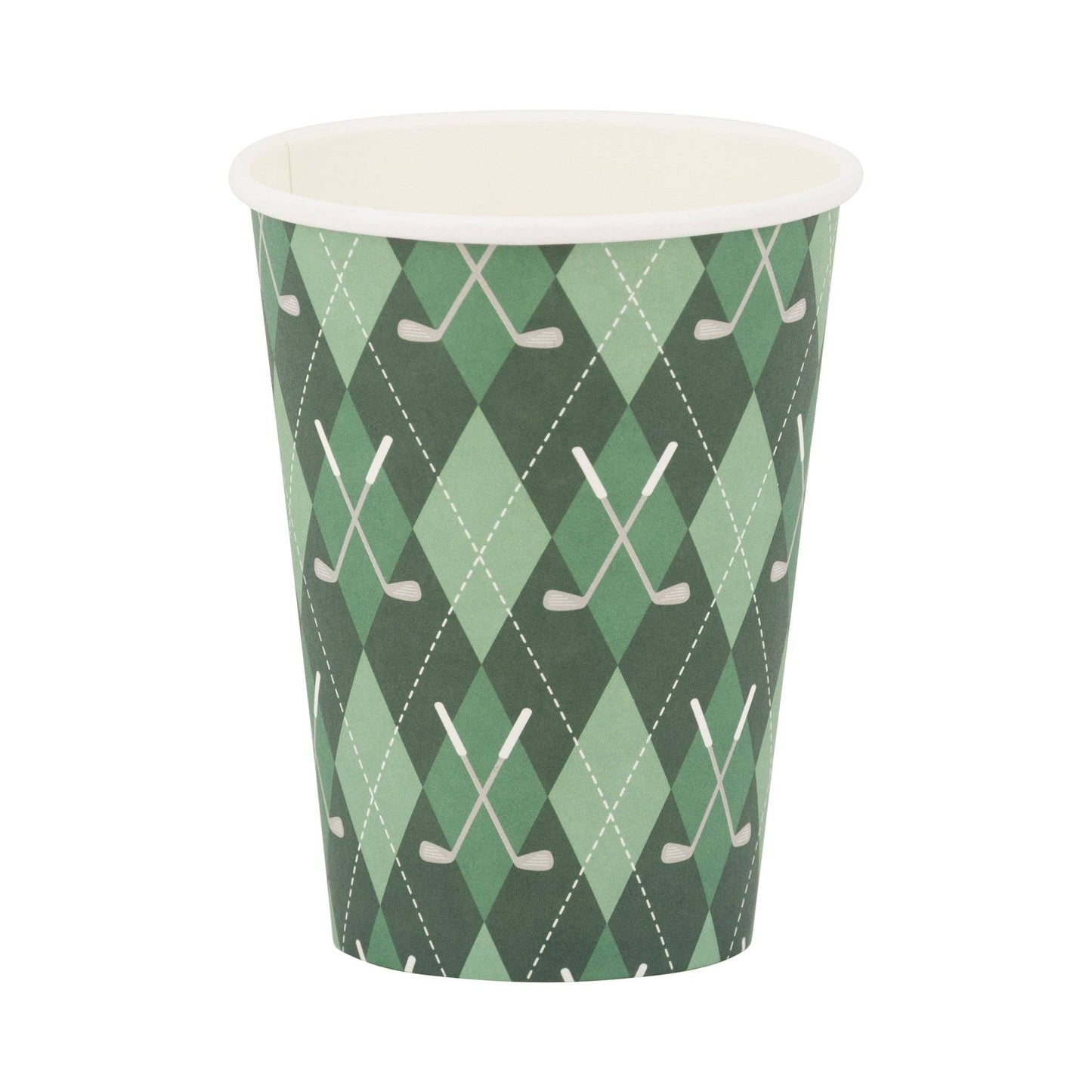 gold plaid paper cups - pack of 8 with green and grey designs 