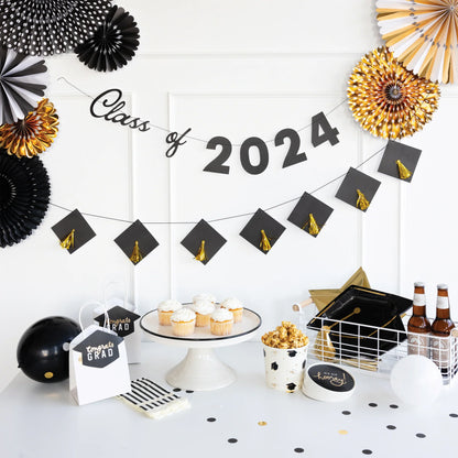 graduation cap shaped dinner plates - black with gold tassel