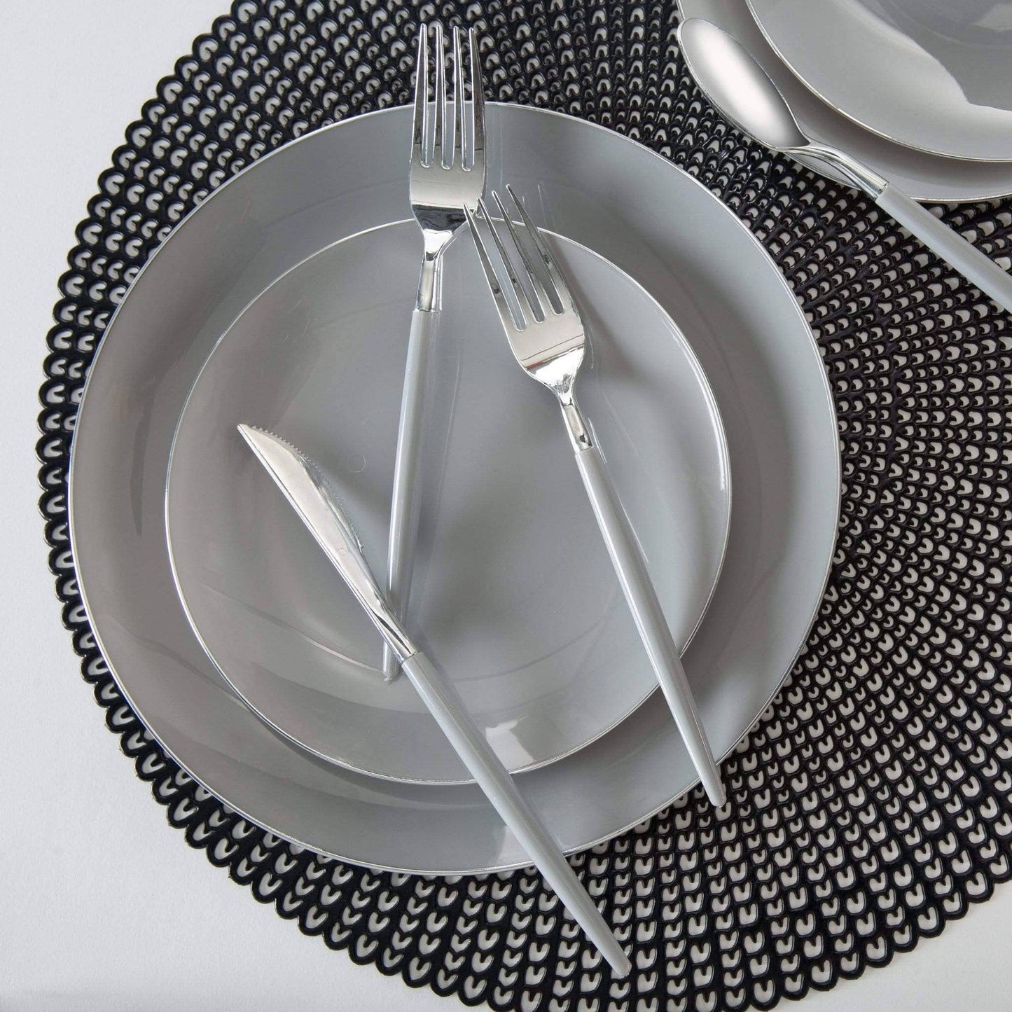 table setting with gray and silver accents