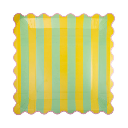 green and yellow stripe paper plate