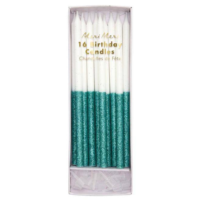 box of 16 birthday candles with green glitter dipped ends