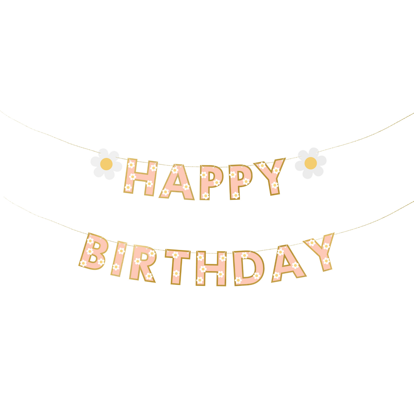 Peach "Happy Birthday" letter banner adorned with daisy designs and gold details.