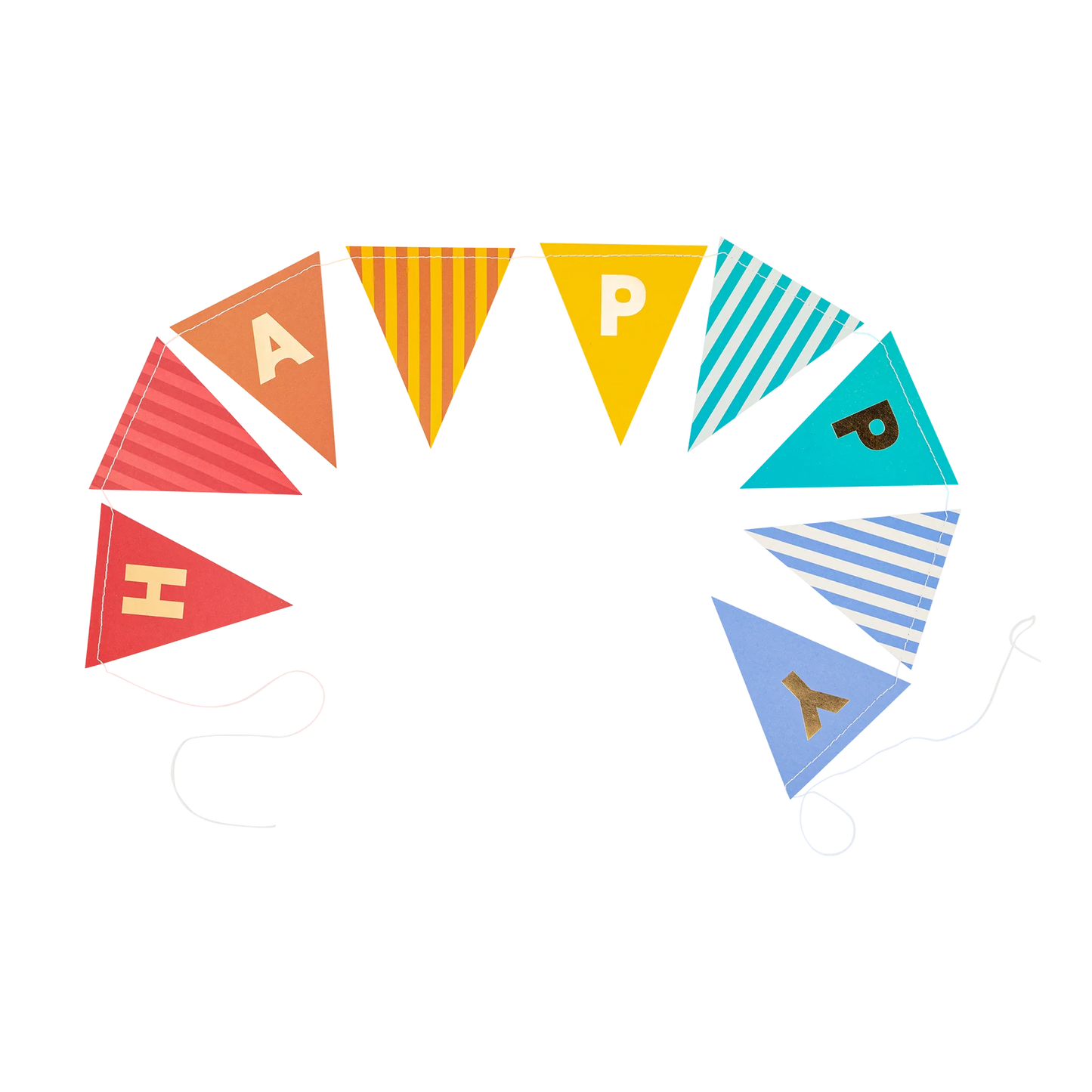 Colorful triangular pennant banners spelling "HAPPY" on a string, arranged in a semi-circle 