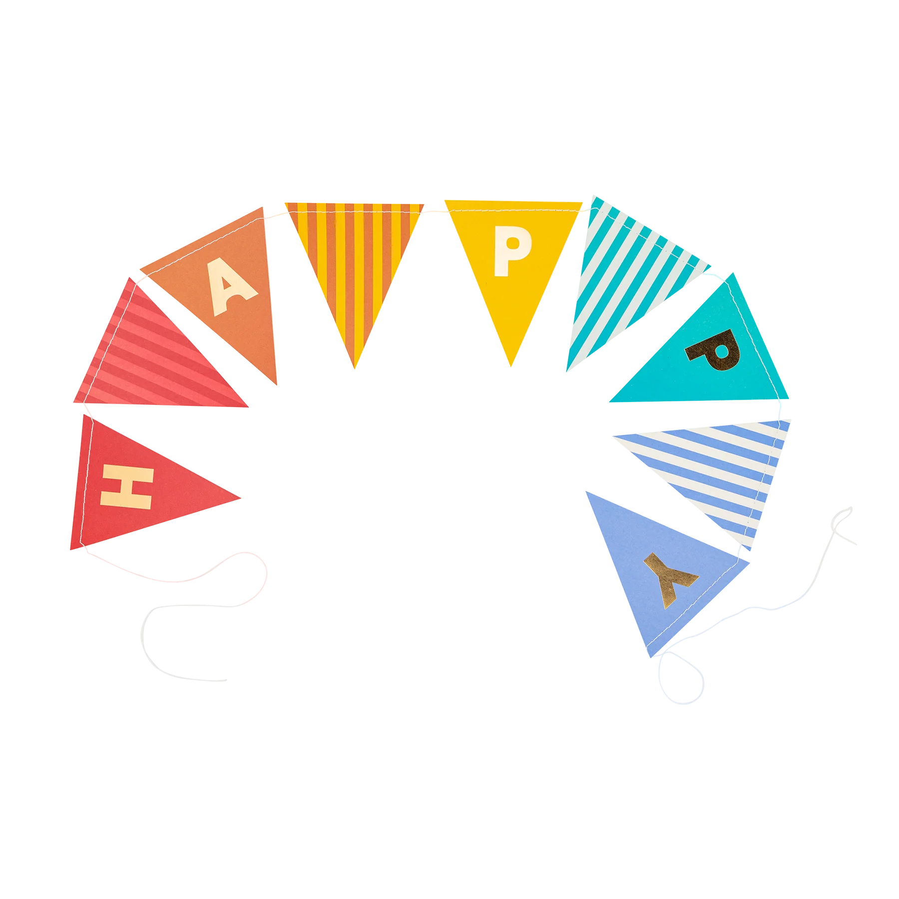 Colorful triangular pennant banners spelling "HAPPY" on a string, arranged in a semi-circle 