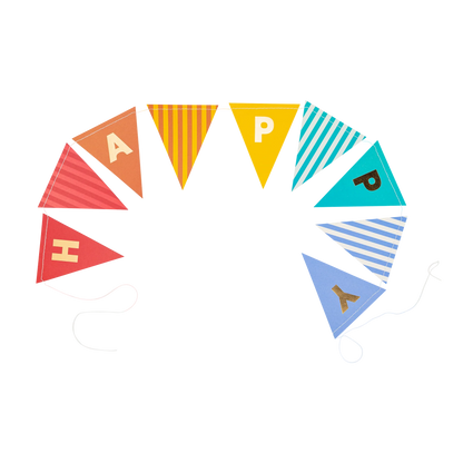 Colorful triangular pennant banners spelling "HAPPY" on a string, arranged in a semi-circle 