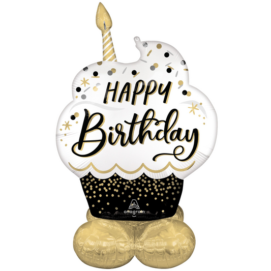 happy birthday cupcake airloonz balloon - black, gold, silver and white 