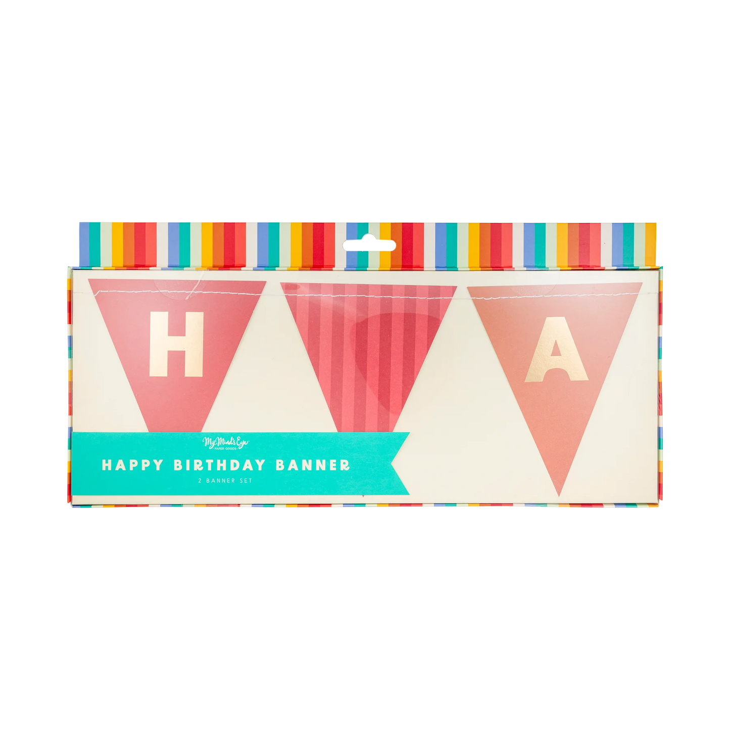 happy birthday pennant banner in boxed package with clear plastic window