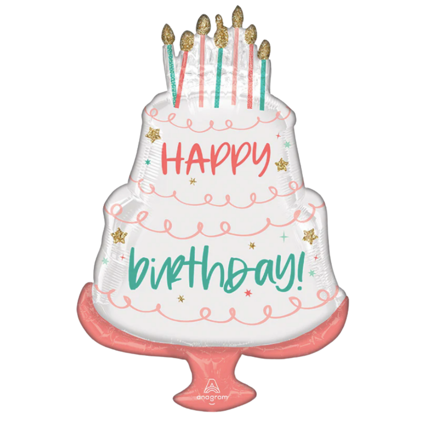 happy birthday cake shaped foil balloon with pink., mint and gold accents 