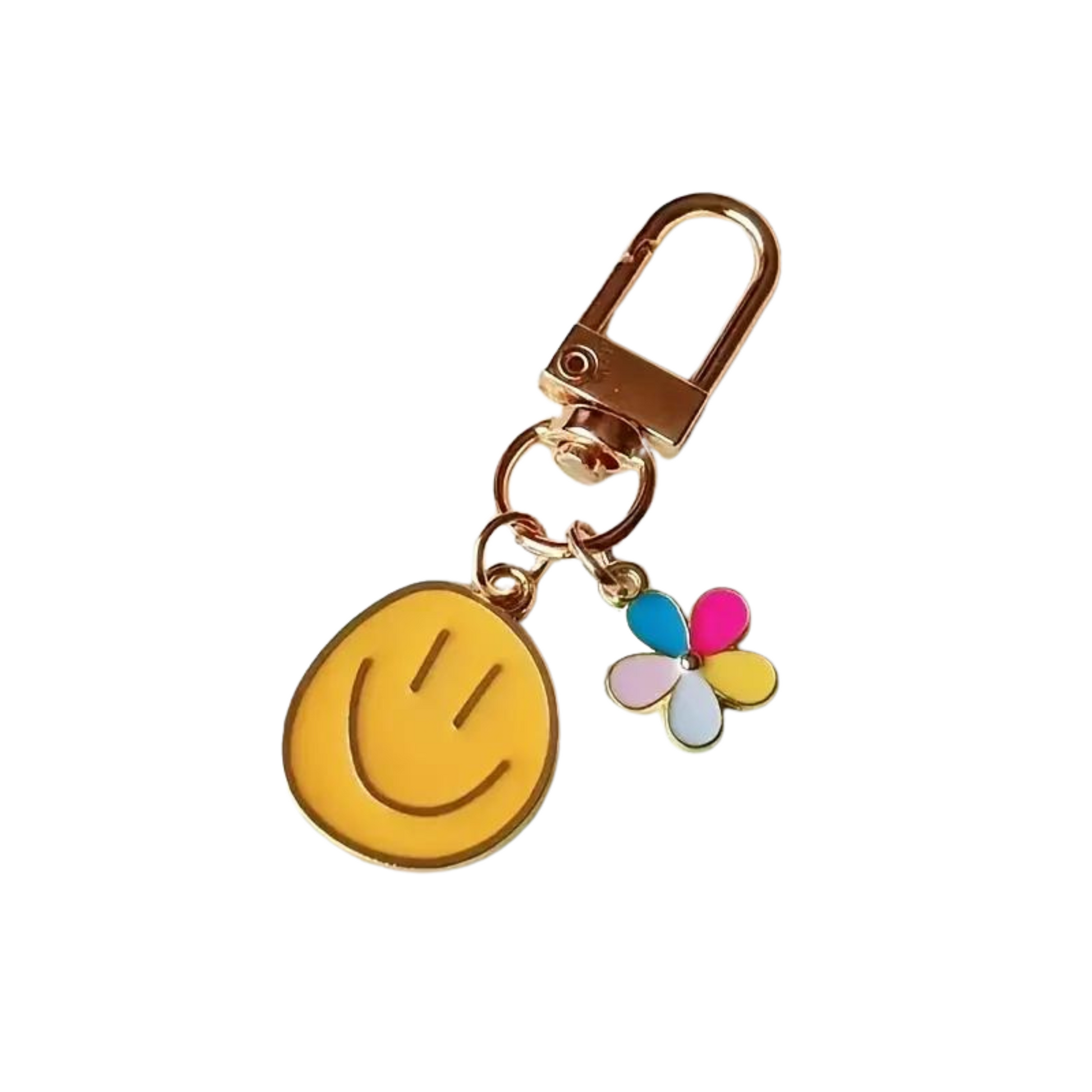 yellow happy face and colourful flower keychain - gold clip