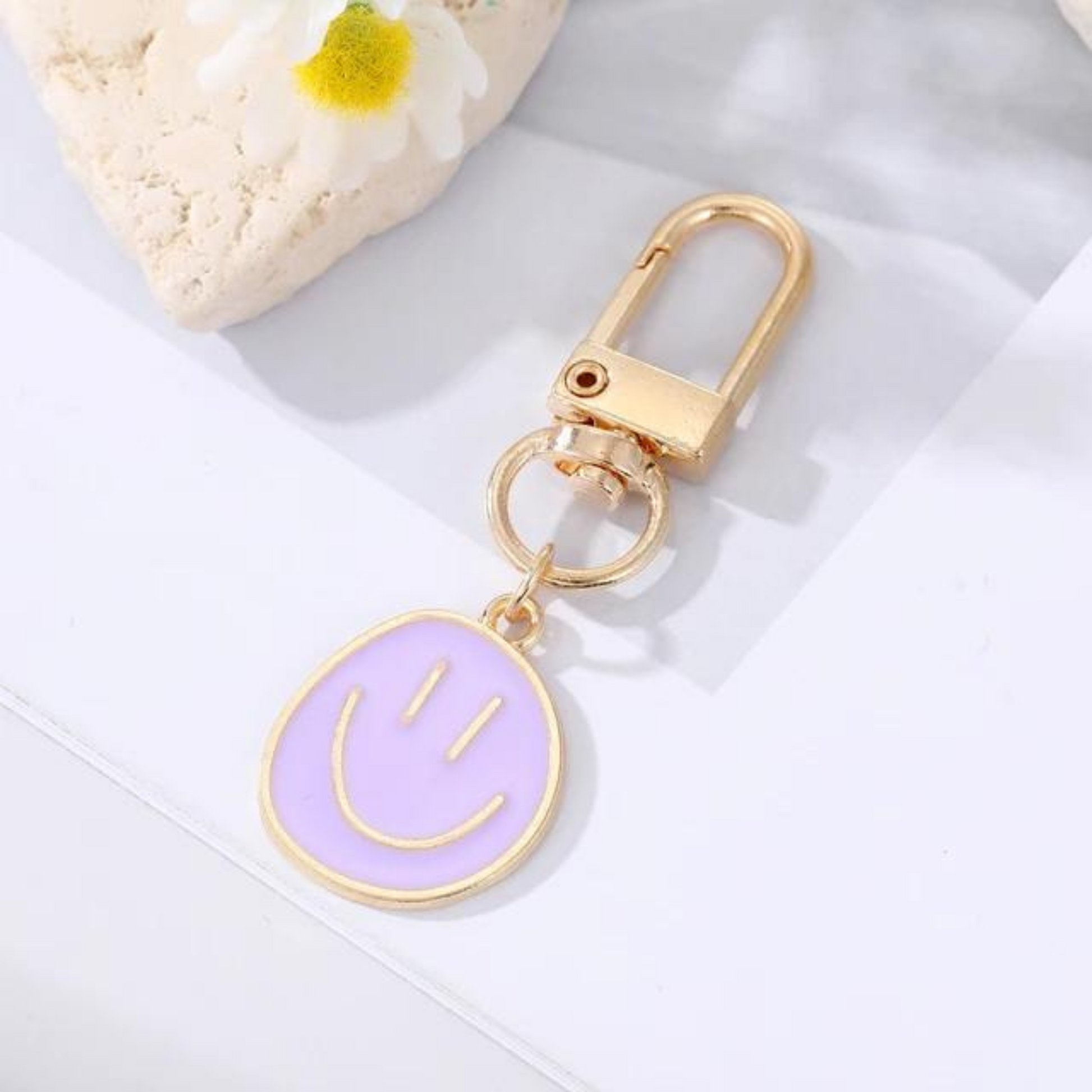 mini lilac happy face keychain 