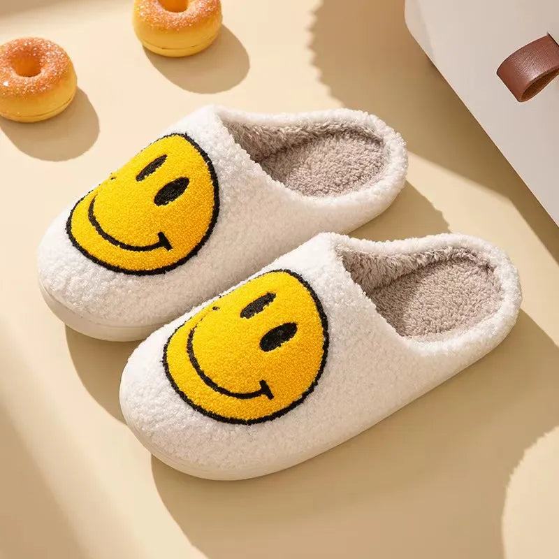 FUZZY HAPPY FACE SLIPPERS BLACK YELLOW CONFETTIMYPARTY