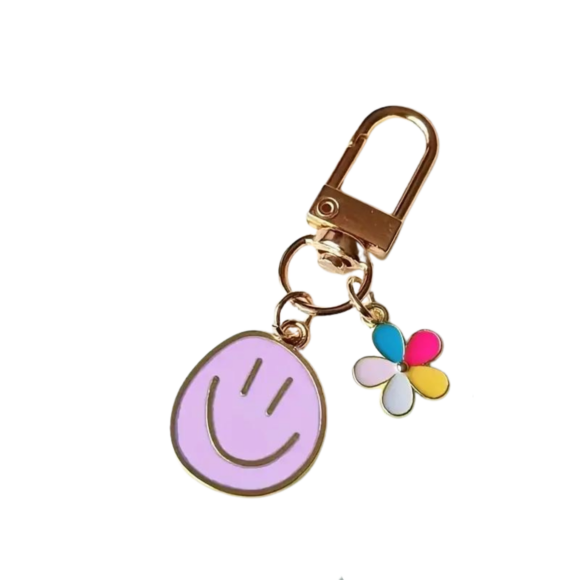 lilac happy face and colourful flower keychain with a gold clip 