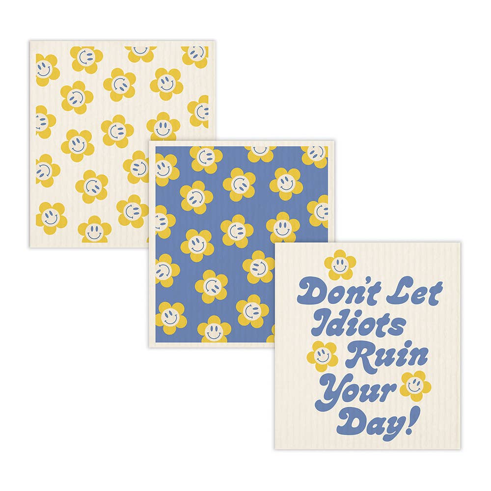 happy flowers + "don't let idiots ruin your day!" dishcloths - set of 3 reusable dishcloths 