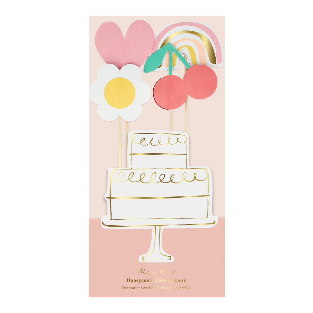 happy icons cake toppers x 4 - daisy, rainbow, cherry and heart