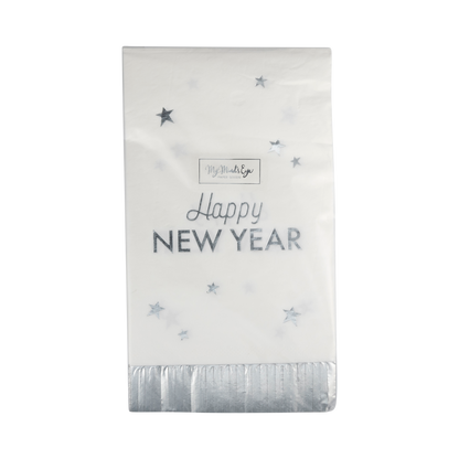 happy new year dinner napkins with fringe and silver foil details 