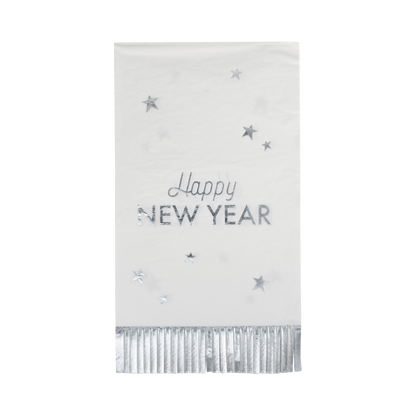 Happy new year fringe dinner napkins with silver foil details 