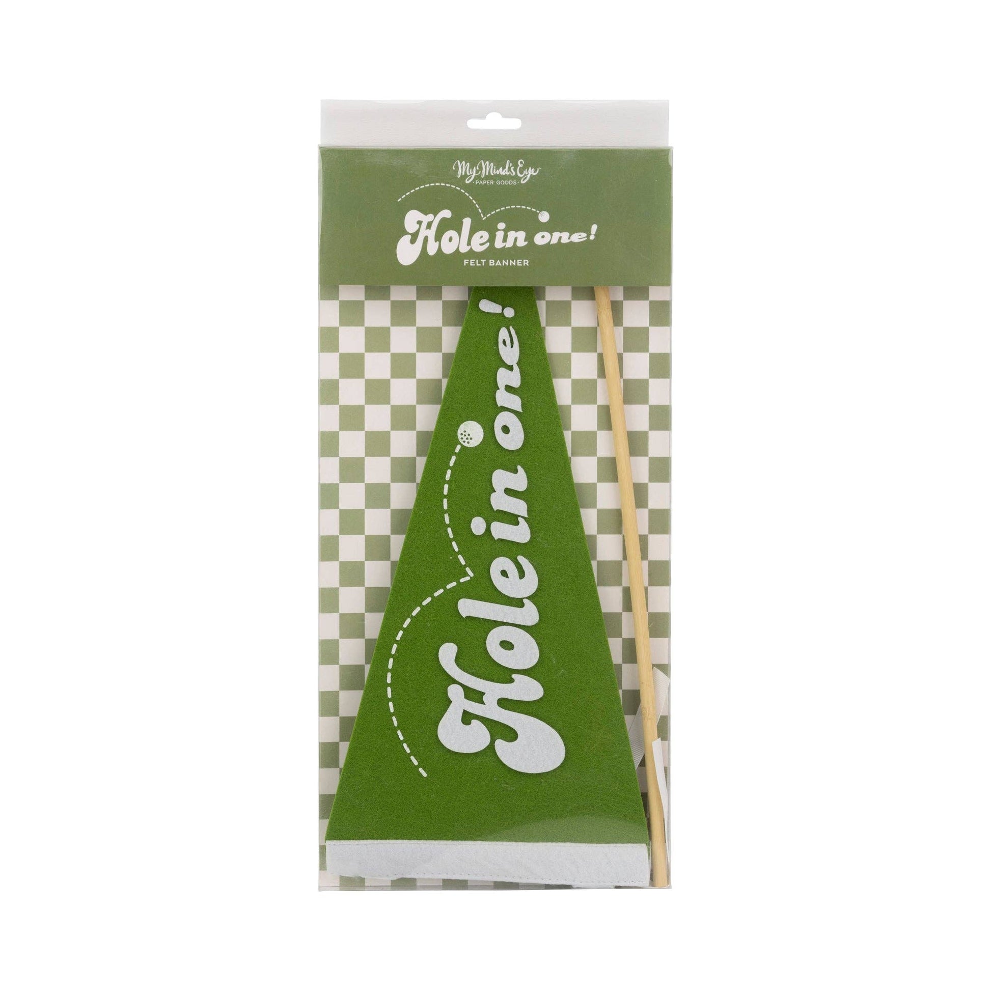 green hole in one felt pennant with white script 