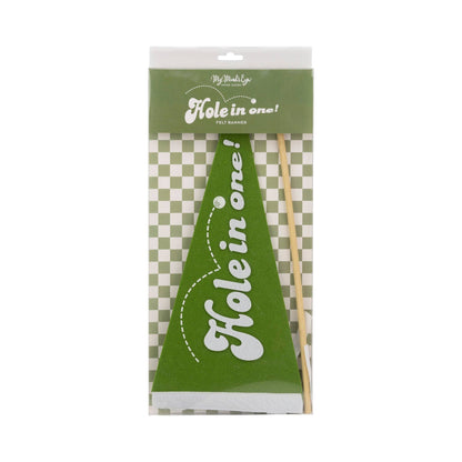 green hole in one felt pennant with white script 